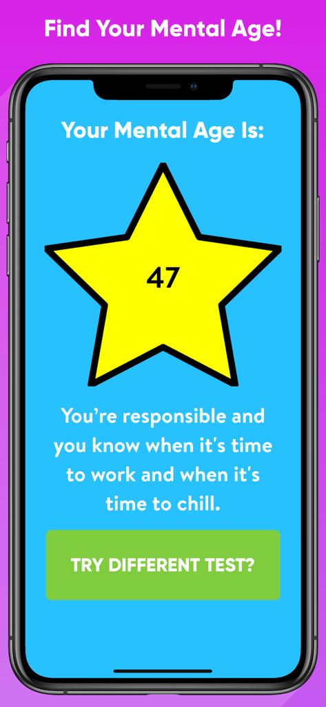 Mental age test result showing age 47 in a yellow star on a mobile screen