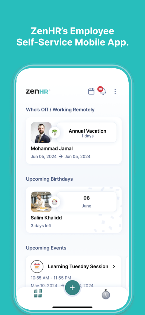 ZenHR - ZenHR mobile app interface showing employee vacation status upcoming birthdays and company events