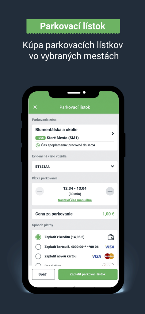 Interface pour l'achat d'un ticket de stationnement dans l'application Ubian.