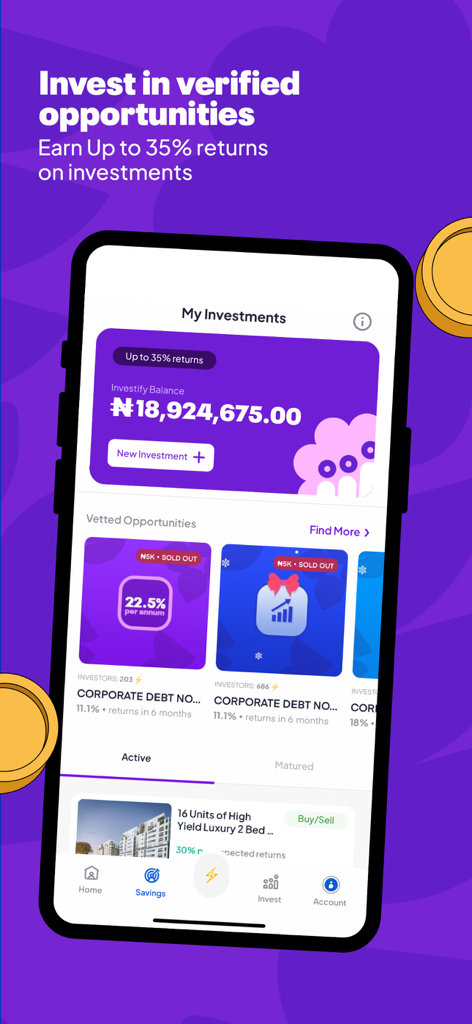 PiggyVest: Save & Invest Today - PiggyVest Mobile App-Bildschirm mit Investitionsrenditen und geprüften Möglichkeiten