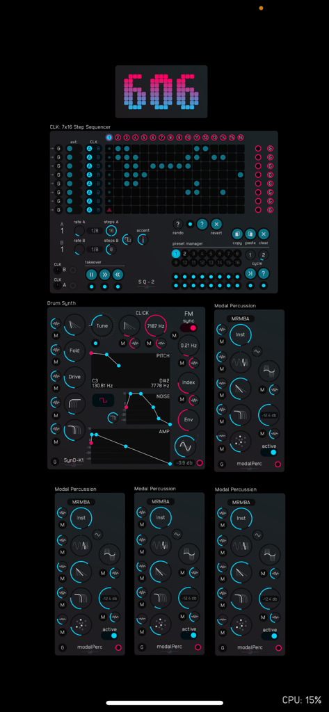 Audulus 4 - User interface of Audulus 4 modular synthesizer showing a step sequencer and percussion sound modules.