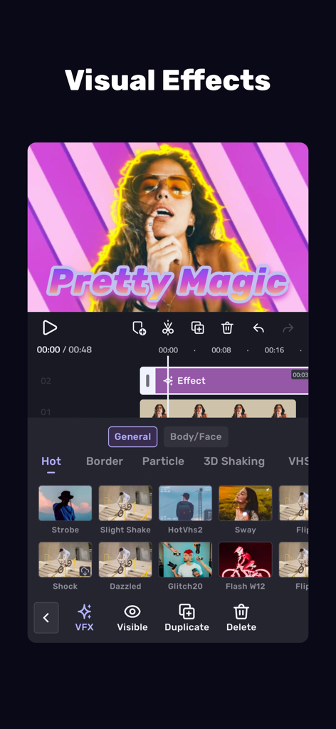 VivaCut mobile app interface showing a visual effects library and multi-layer video timeline for editing clips.