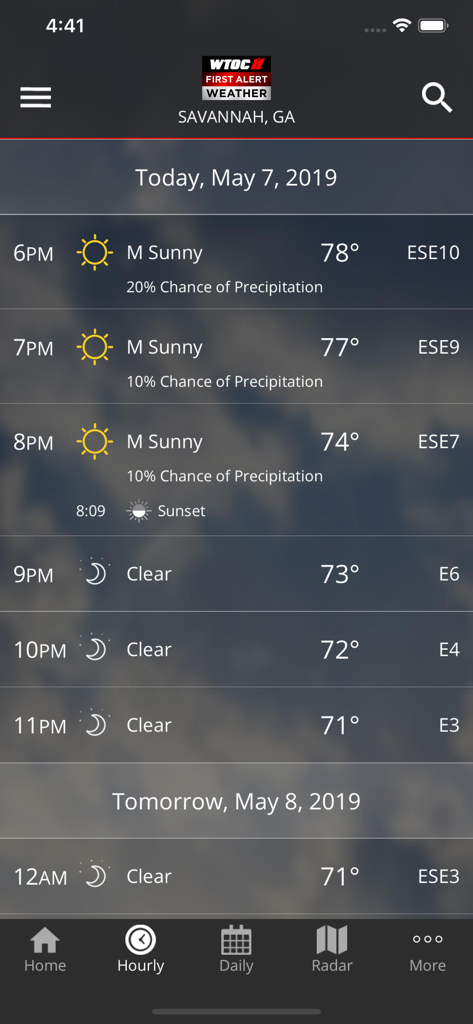 WTOC First Alert Radar - Hourly weather forecast interface for Savannah Georgia showing temperatures and sky conditions