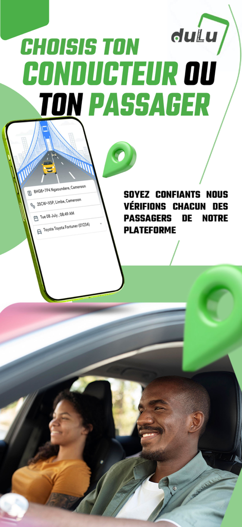 Dulu - Dulu carpooling app interface showing ride booking in Cameroon and verified user profiles