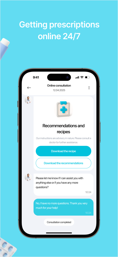 EduMed Plus - Pantalla de consulta médica en línea en la aplicación EduMed Plus con opciones de descarga de recetas.
