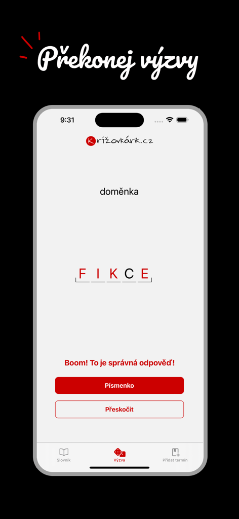Křížovkářský slovník - Interfaz de la aplicación del diccionario de crucigramas checo que muestra una pantalla de desafío de palabras resueltas.