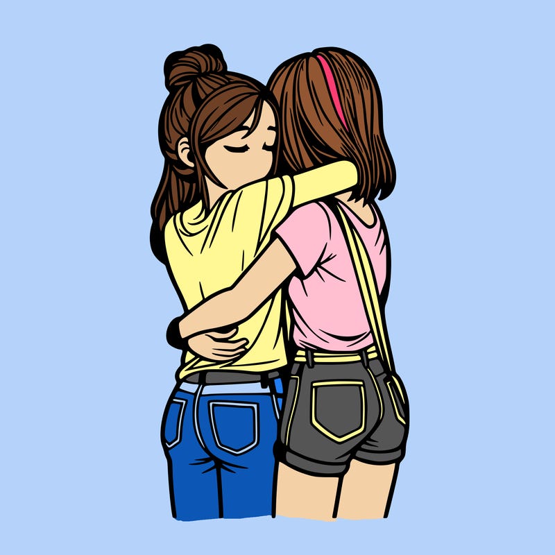 two girls hugging realistic