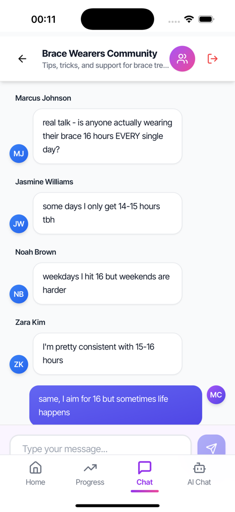 A community chat screen in the ReAlign Scoliosis app where users discuss their daily brace wearing goals and consistency.