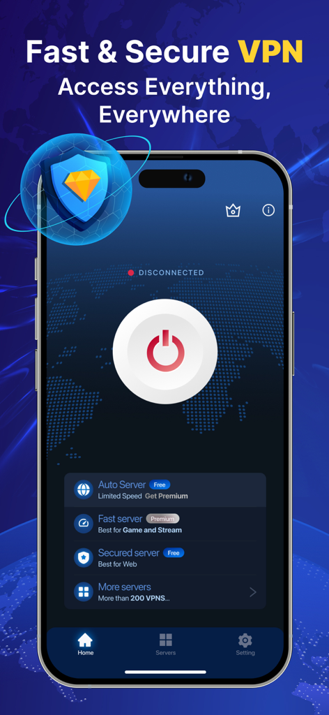 VPN Lite: Super VPN Proxy - Interface móvel do aplicativo VPN Lite mostrando um botão de conexão e categorias de servidores para streaming e segurança