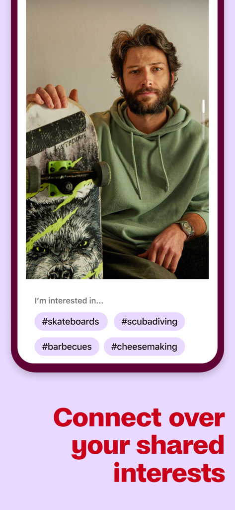 A Badoo dating app profile showing a man holding a skateboard with interest tags like skateboards and scuba diving to help users connect over shared hobbies