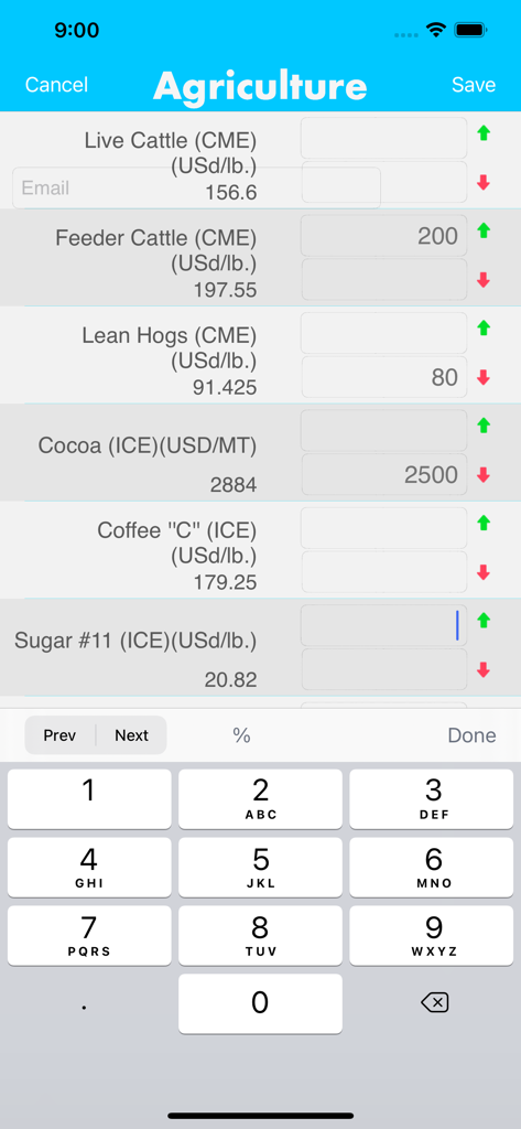 Interface of the Agriculture Price Alert app showing settings for cattle and hogs commodity prices.