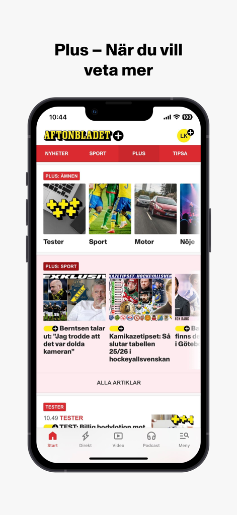 App Aftonbladet Nyheter che mostra la sezione premium Plus con categorie per sport, motori e intrattenimento