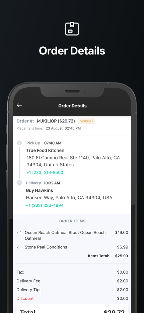 Interfaz de My Driver App que muestra los detalles del pedido con las direcciones de recogida y entrega y los artículos del pedido