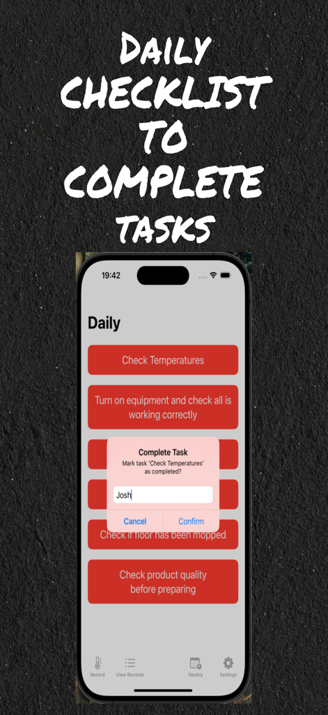 Interface of the Hygiene Logs app showing a daily checklist and a task completion popup with staff name entry.
