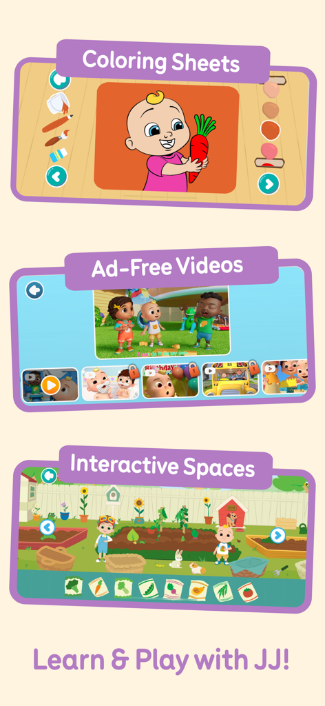 CoComelon: Learn ABCs and 123s - Capturas de pantalla de la aplicación CoComelon mostrando hojas para colorear, videos sin anuncios y juegos interactivos de jardinería para niños pequeños