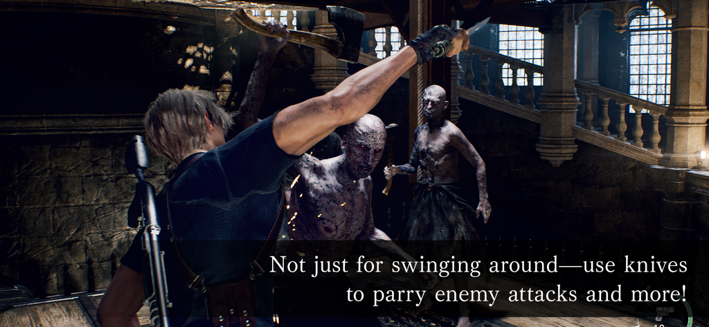 Resident Evil 4 - Leon Kennedy bloqueando el ataque de un enemigo con un cuchillo en la jugabilidad de Resident Evil 4