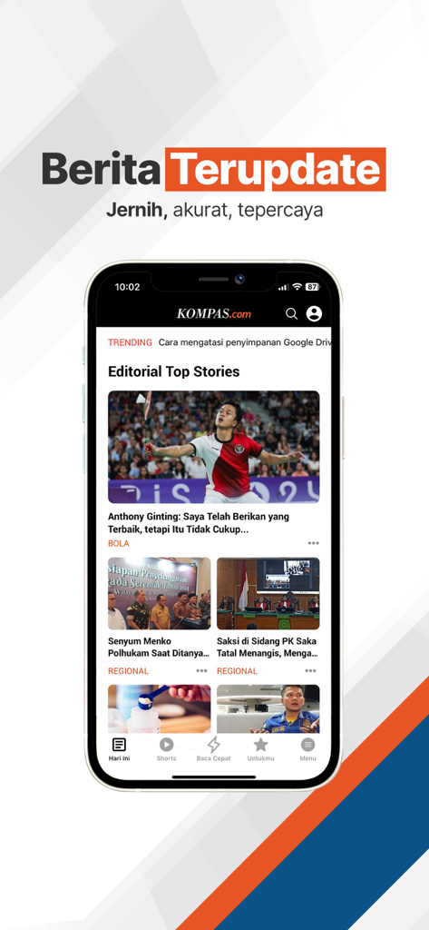 KOMPAS.com: Berita Terpercaya - Un smartphone mostrando la interfaz de la aplicación de noticias KOMPAS.com con los últimos titulares indonesios e historias editoriales.