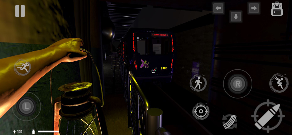 The Last Station - Baku - First-person perspective of a player holding a lantern in a dark subway tunnel approaching a train in The Last Station Baku.