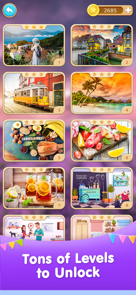 Pantalla de selección de niveles que muestra puzles de fotografía de alta calidad de todo el mundo