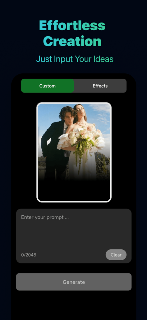 Sizzling - Interface do aplicativo Sizzling AI mostrando a tela de criação de vídeo personalizada com uma caixa de entrada de prompt e uma imagem de visualização de um casal