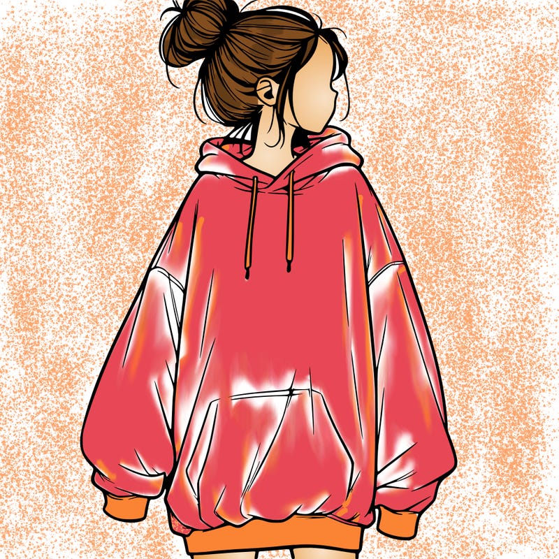 realistic girl with a oversized sweatshirt on and a bun