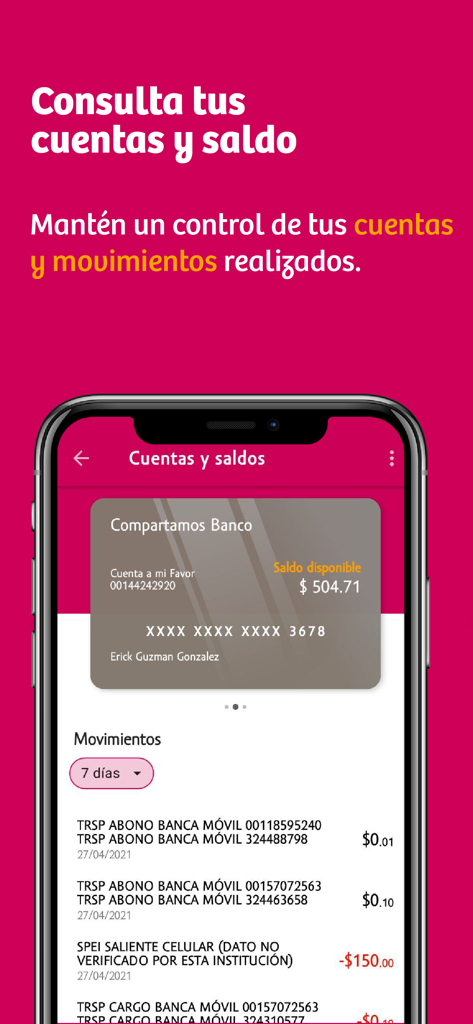 Interfaz de la aplicación móvil Compartamos Móvil mostrando el saldo de la cuenta y transacciones recientes