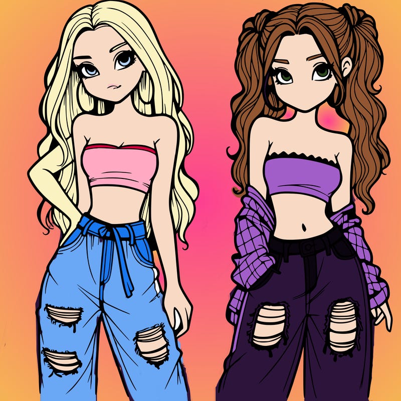 2 girls in crop tops and baggy jeans ripped