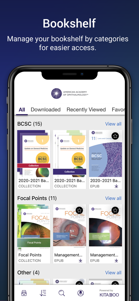 AAO eBooks - An iPhone screen displaying the AAO eBooks app bookshelf with medical textbook categories like BCSC and Focal Points.