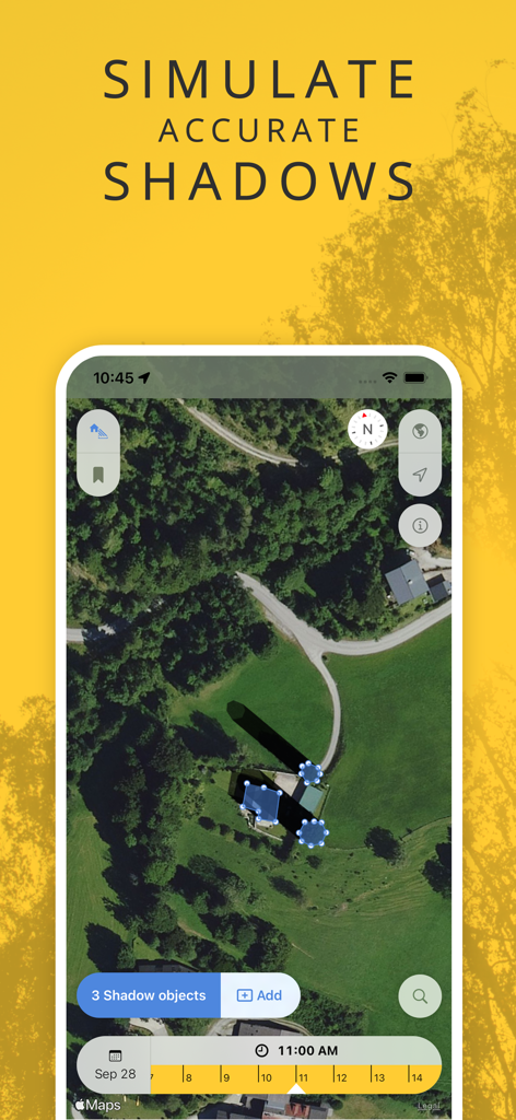 SunOnTrack app interface showing accurate shadow simulation on a satellite map view for professional planning.
