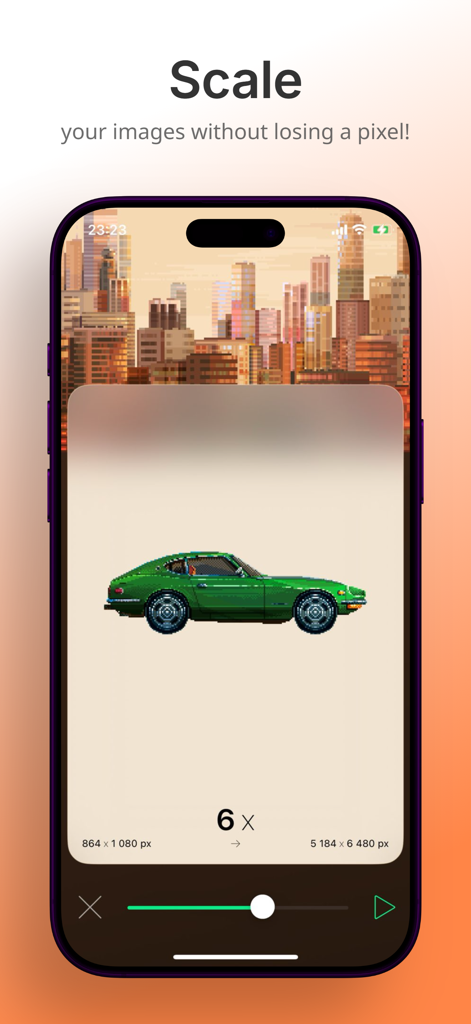 Pixel Scaler - Écran de l'application Pixel Scaler montrant un agrandissement de 6x d'une voiture pixel art de sport.