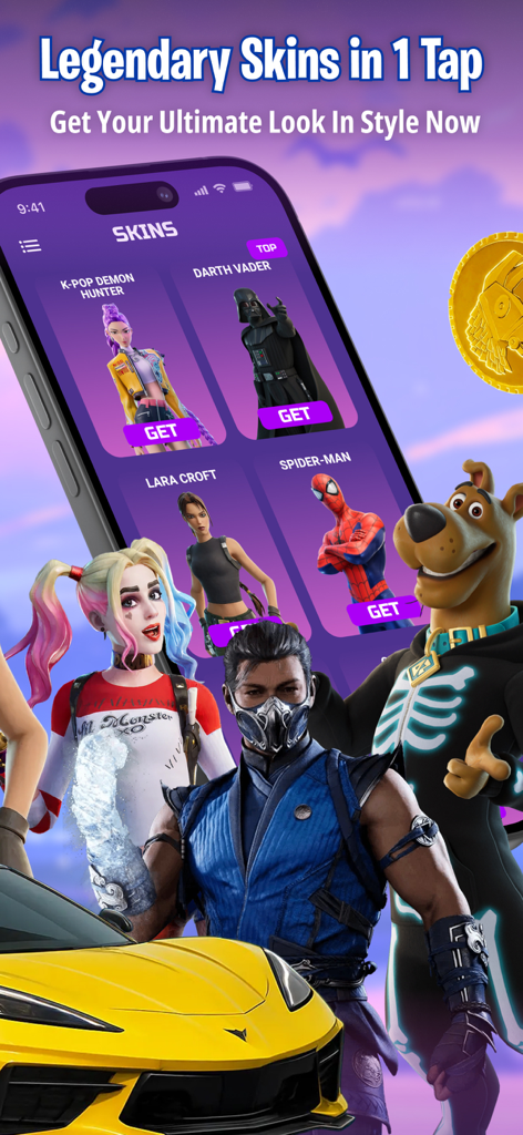 FZone - Fortnite Game Stats - Una pantalla móvil mostrando skins de personajes legendarios de Fortnite dentro de la app FZone para la planificación de estilos.
