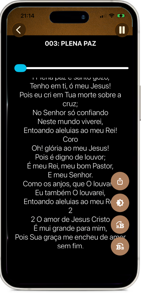Harpa Cristã e Corinhos - Harpa Cristã app showing lyrics for hymn 003 Plena Paz in dark mode.