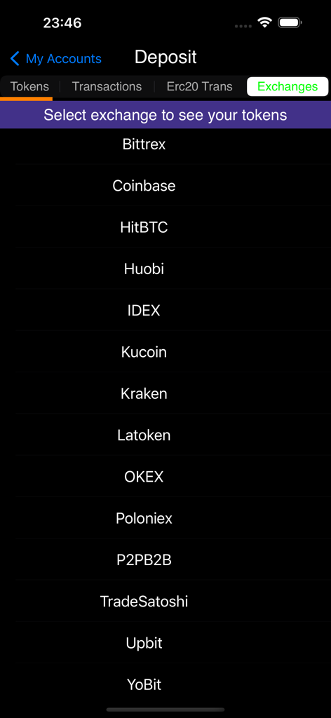 A screen from the Matic Address Explorer app showing a list of supported cryptocurrency exchanges including Coinbase and Kraken.