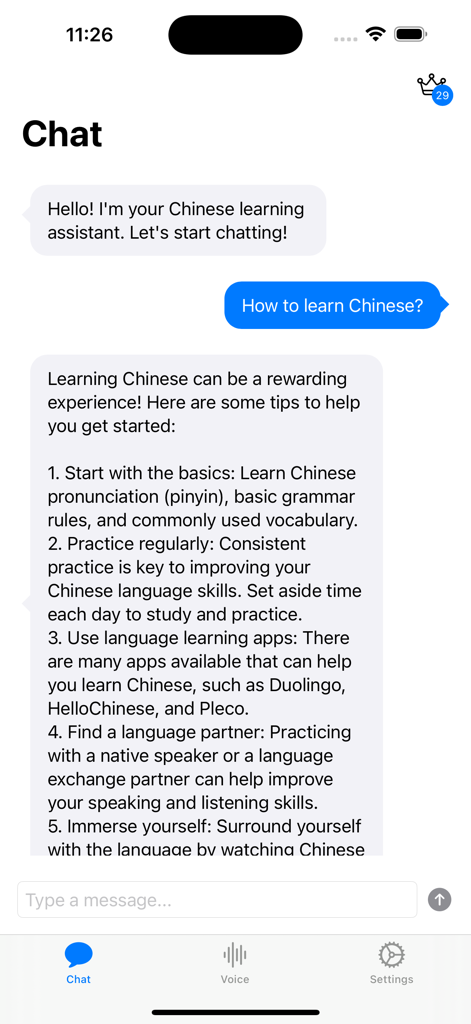 Chinese AI - Speak Chinese App - A chat interface in the Chinese AI app showing an AI assistant providing tips on how to learn Chinese
