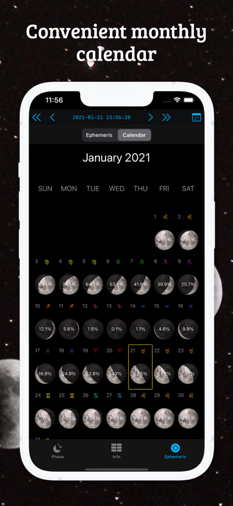 Vista de calendario mensual de la aplicación Calendario de Fases Lunares LunarSight que muestra los ciclos lunares diarios.