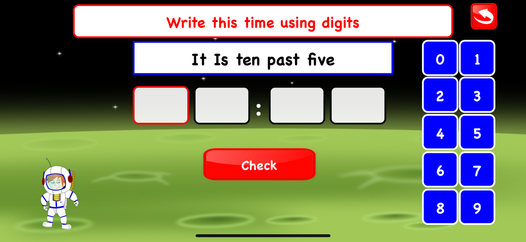 Third Grade Math Games Kids - Third grade math game teaching kids how to write time in digits with a space theme