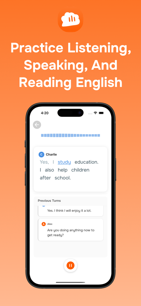 Screenshot dell'app Versa che mostra un'interfaccia di conversazione interattiva in inglese per esercitarsi nelle abilità di ascolto e parlato.