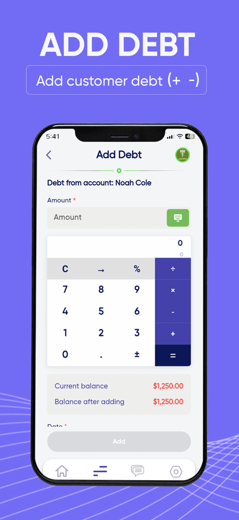 Mobile screen of Debt System app showing the add debt interface with an integrated calculator for a customer account.