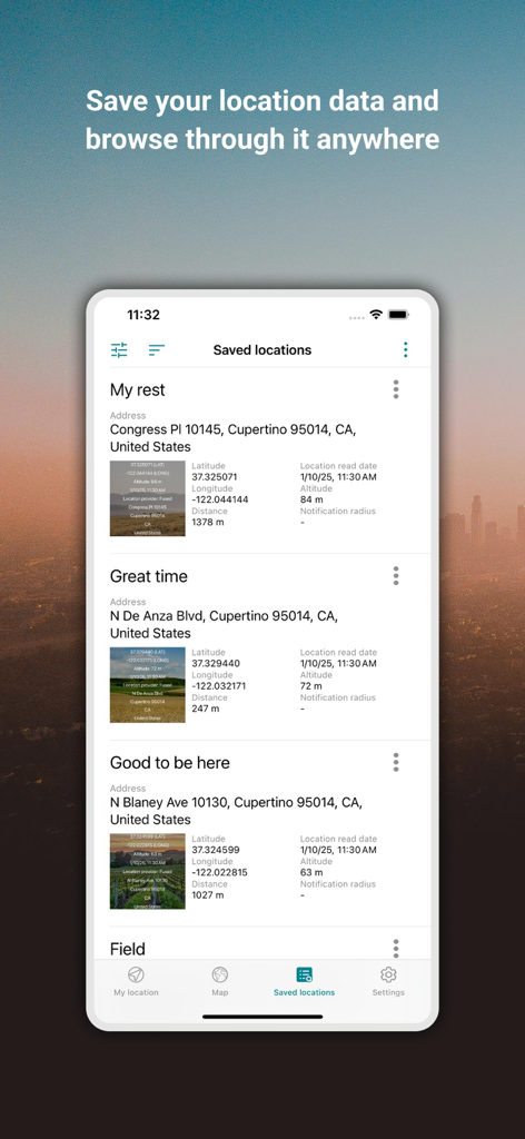 A list of saved locations in the My GPS Coordinates app showing addresses, coordinates, and snapshot memories