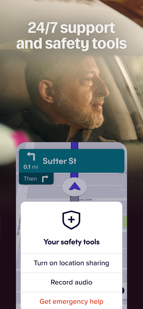 Lyft Driver App-Bildschirm mit Sicherheitsfunktionen wie Standortfreigabe und Notfallhilfe im Hintergrund mit einem Fahrer.