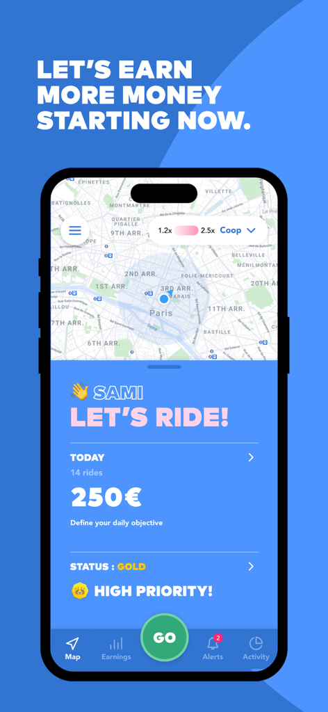 Heetch Pro - app for drivers - Heetch Pro driver app interface displaying daily earnings of 250 euros and a high priority status on a Paris map