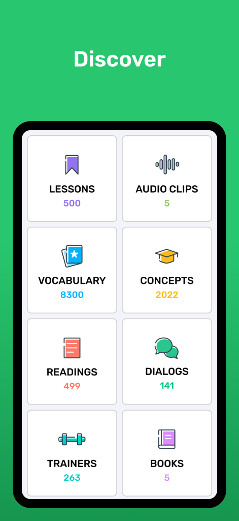 Wlingua app Discover screen showing counts for lessons vocabulary readings and dialogs