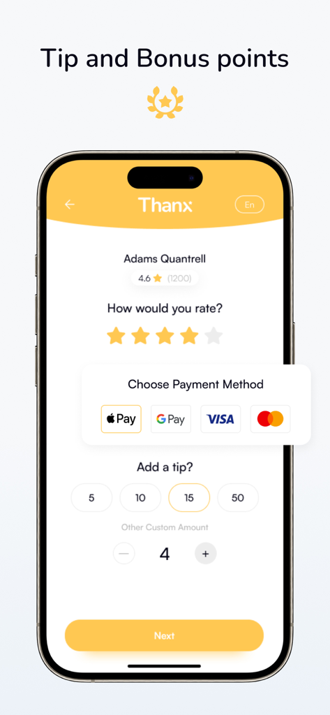 Thanx - Mobile app screen for rating a service provider and choosing a payment method to add a tip