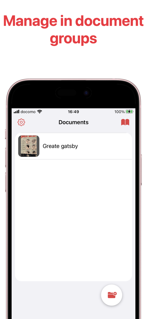 Interface do aplicativo Scan Speak mostrando uma lista de documentos salvos e um botão de gerenciamento de pastas para organização