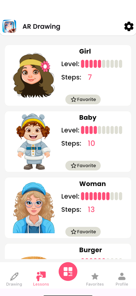 AR Drawing: Sketch Art & Trace - AR Drawing app screen showing a list of drawing lessons for characters like a girl baby and woman with difficulty levels and step counts