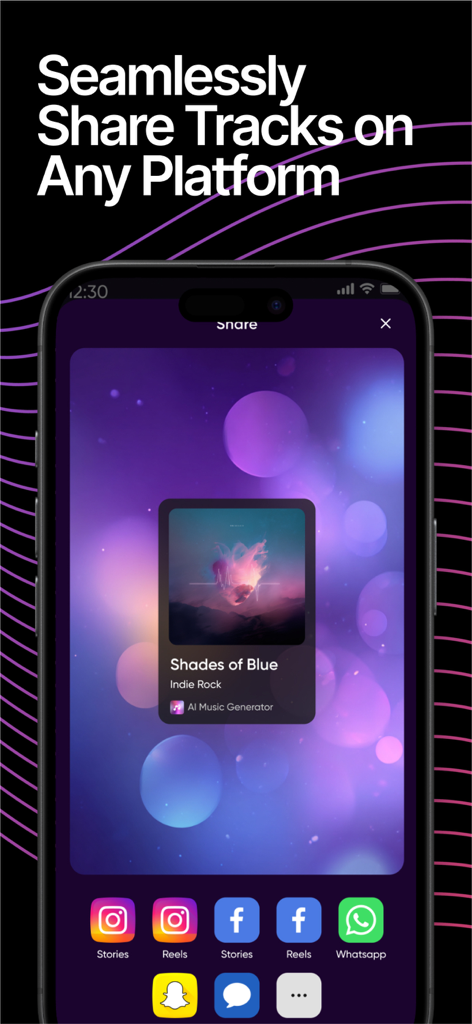 Music Studio : AI Song Maker - Mobile interface of Music Studio app showing social media sharing options for an AI generated indie rock song