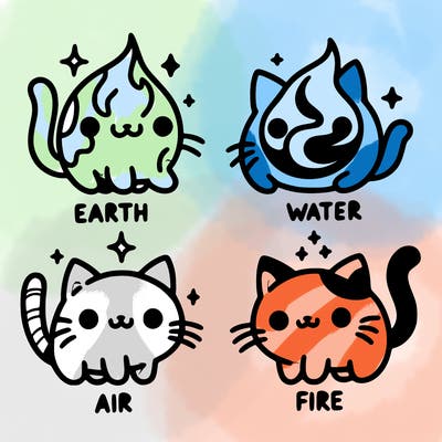 4 cats that represent the different elements, earth, water, air, and fire