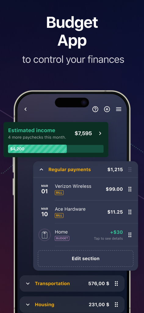 Screenshot of PocketGuard app displaying estimated income regular payments and spending categories