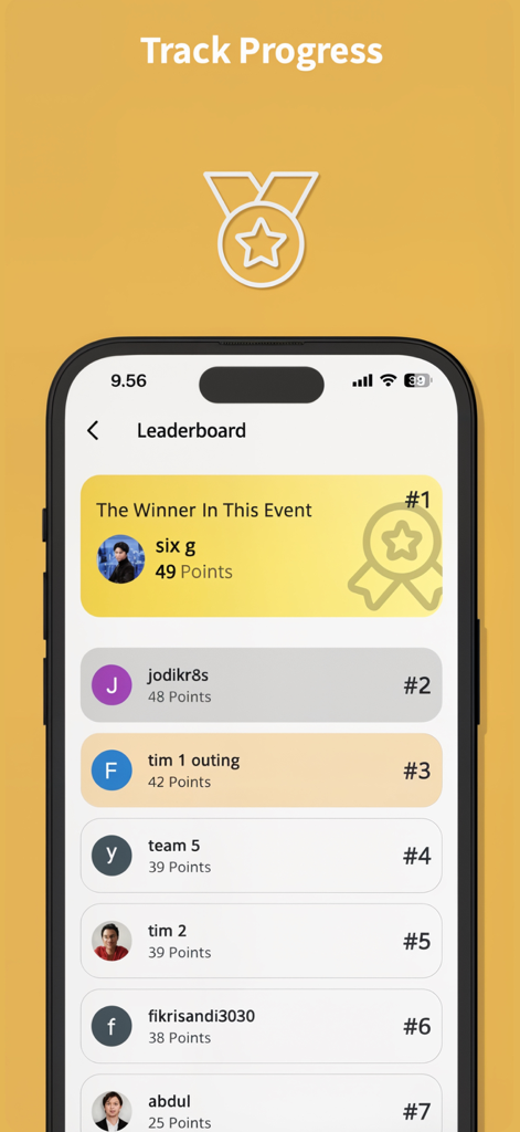 Hoople - Hoople app leaderboard showing player rankings and points for a scavenger hunt challenge