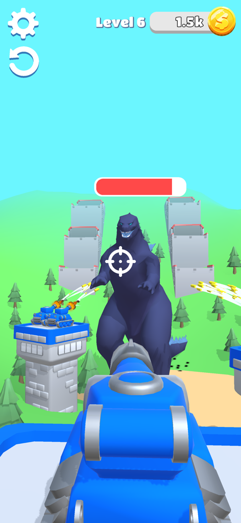 First person view of a blue tank aiming at a giant purple monster boss in Merge Tanks Army Clash